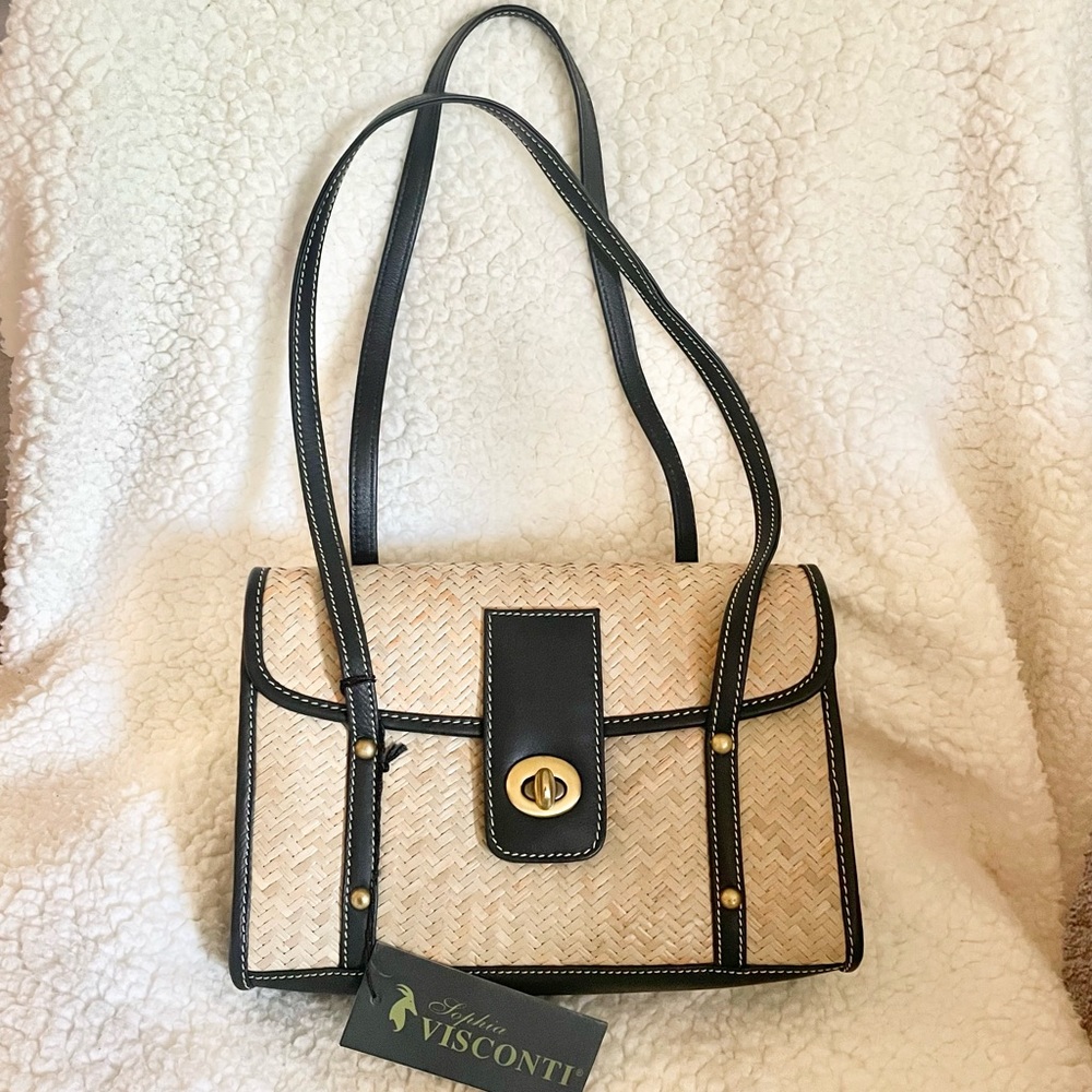 NWT Sophia Visconti Leather/Straw Shoulder Bag